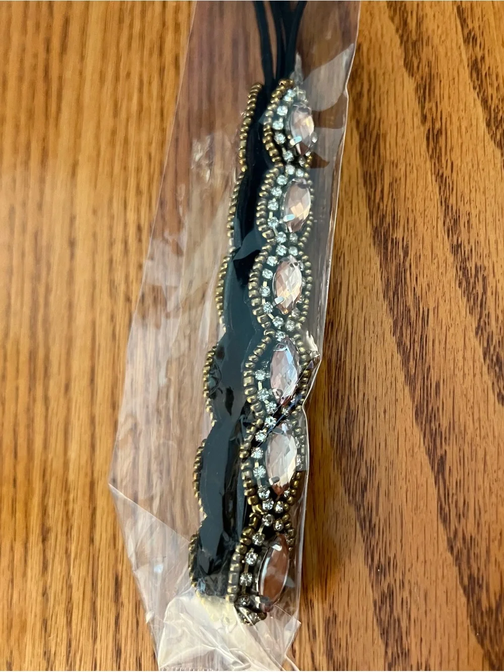 Beaded Black Elastic Headband with Silver and Turquoise Accents